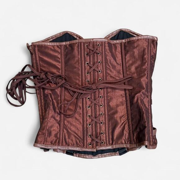 Charmian Metallic Brown & Faux Leather Steampunk Strapless Costume Corset Top - Picture 6 of 8